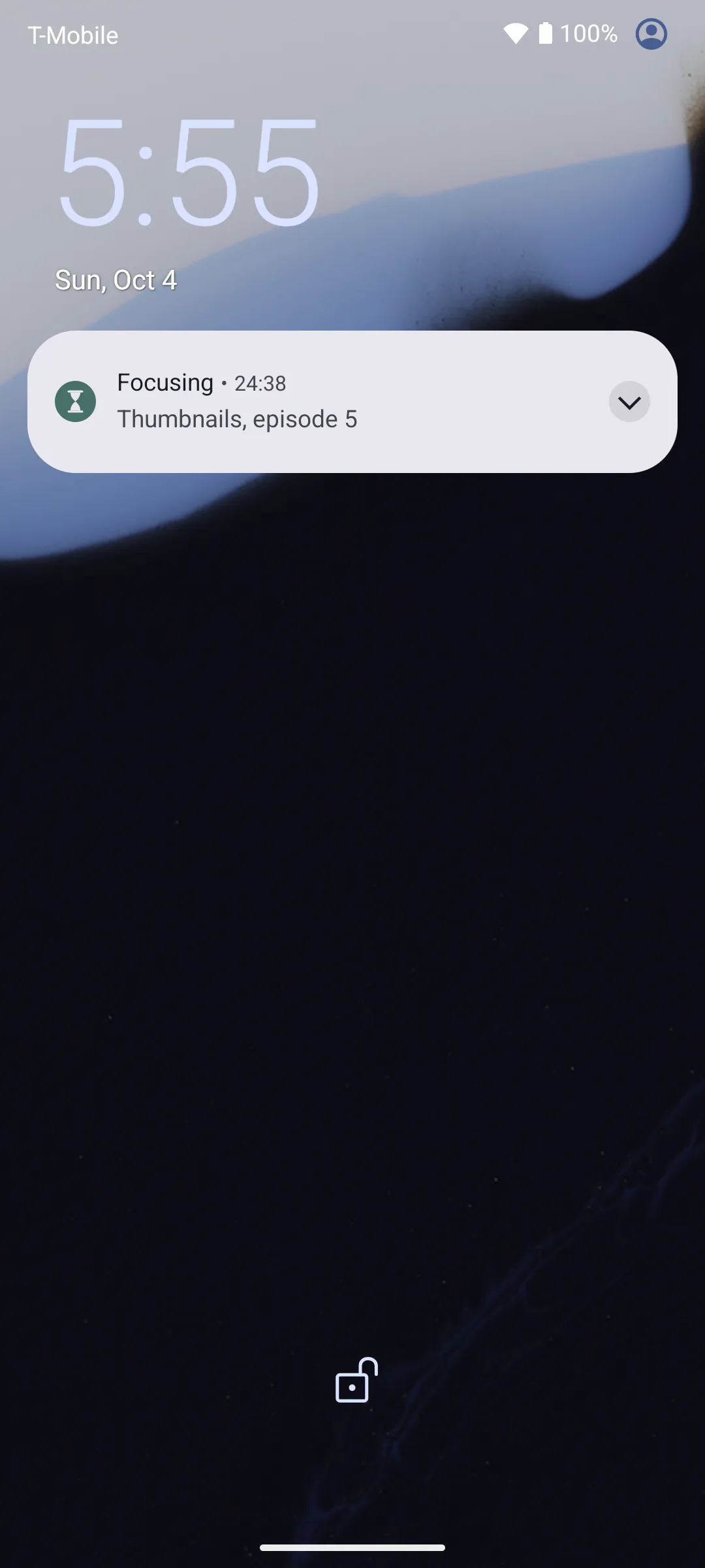 The phone's lock screen while a session runs: a notification from Untimer reads Focusing, 24:38, Thumbnails, episode 5.