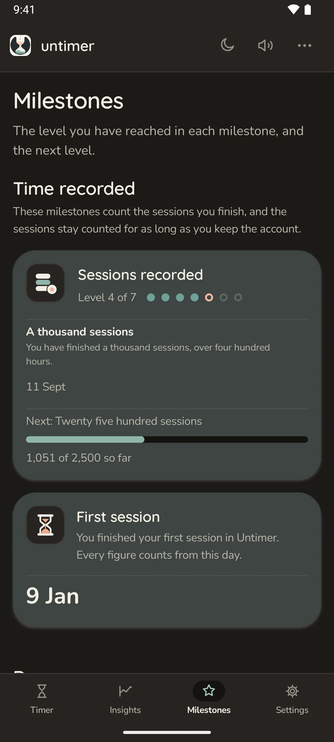 Milestones on Android, in the warm dark theme: the Time recorded group, with Sessions recorded at level 4 of 7, a thousand sessions reached on 11 September and 1,051 of 2,500 toward the next level, and First session, on 9 January, each with its emblem.