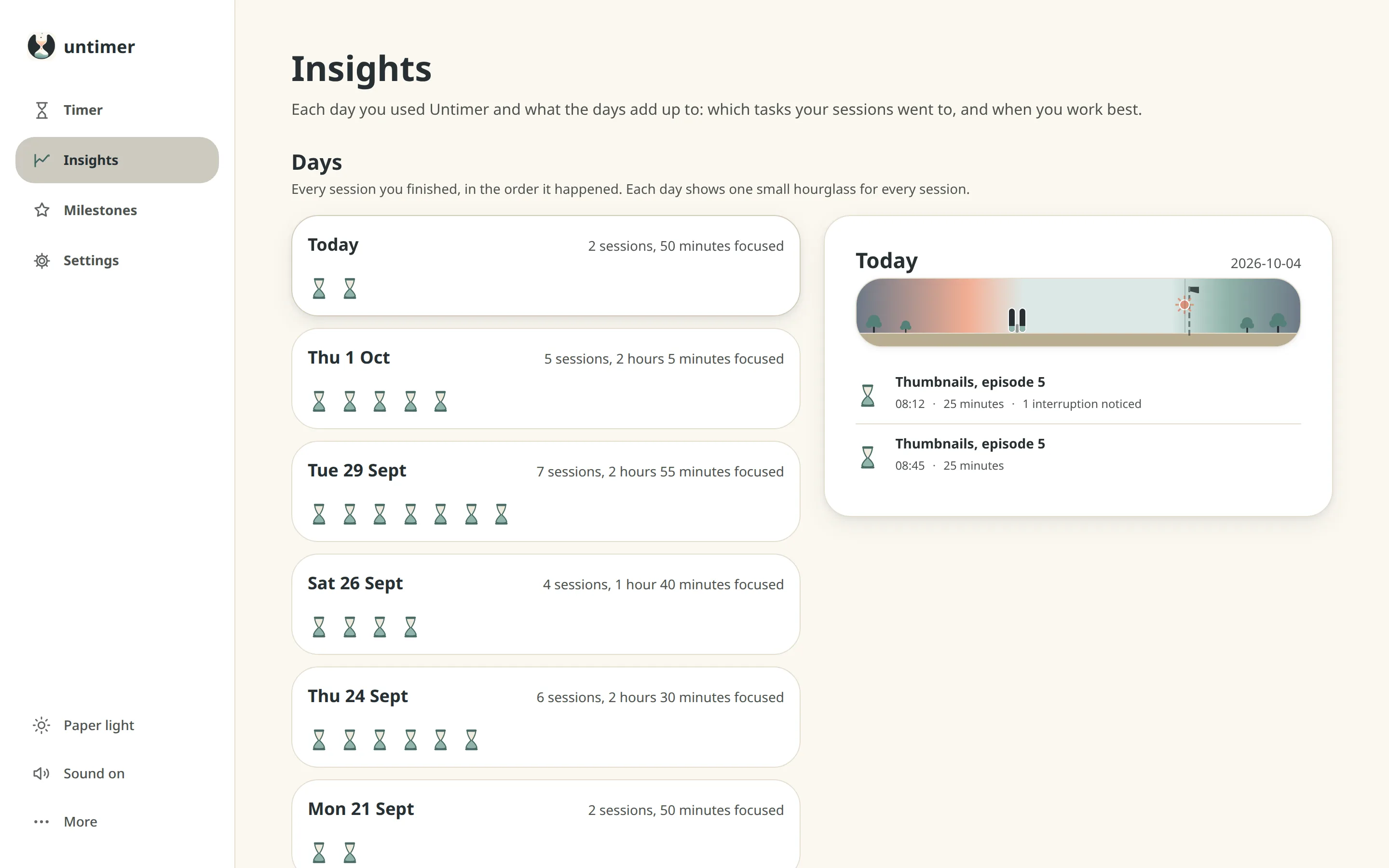 The Insights screen: Days as a list of day cards with one small hourglass per session, and today's day opened beside it with the day strip and its sessions listed with their times.