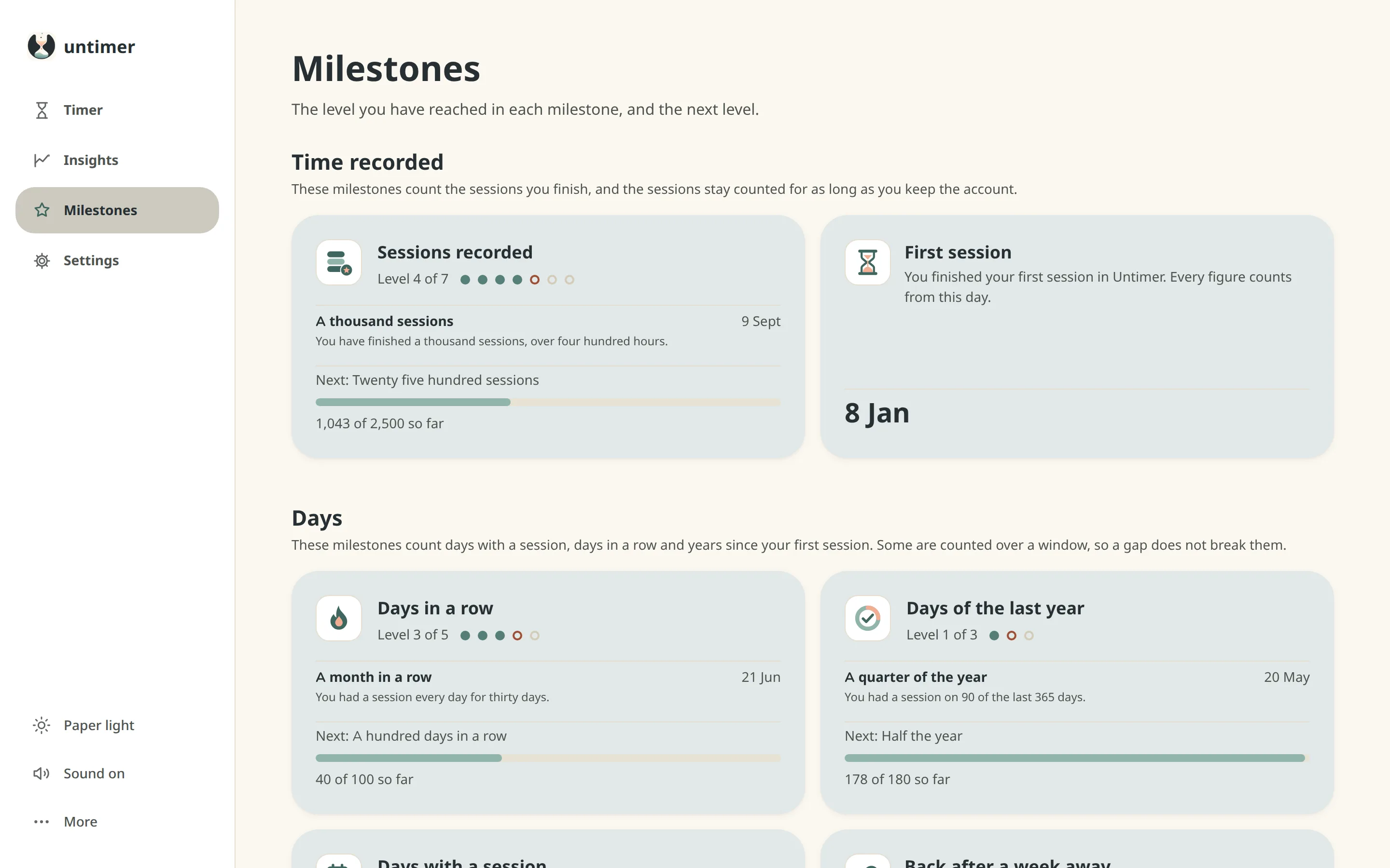 The Milestones screen: the Time recorded group with Sessions recorded at level 4 of 7, then the Days group with Days in a row at level 3 of 5 and Days of the last year at level 1 of 3.